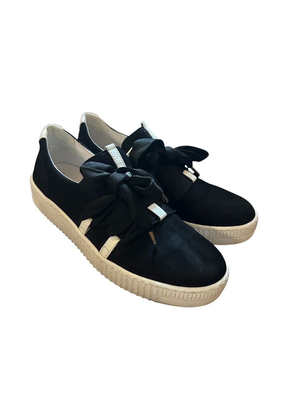 Women 6 US-8.5 Gabor 53.333 Bow Sneakers Black Leather Shoes Platform Slip-On